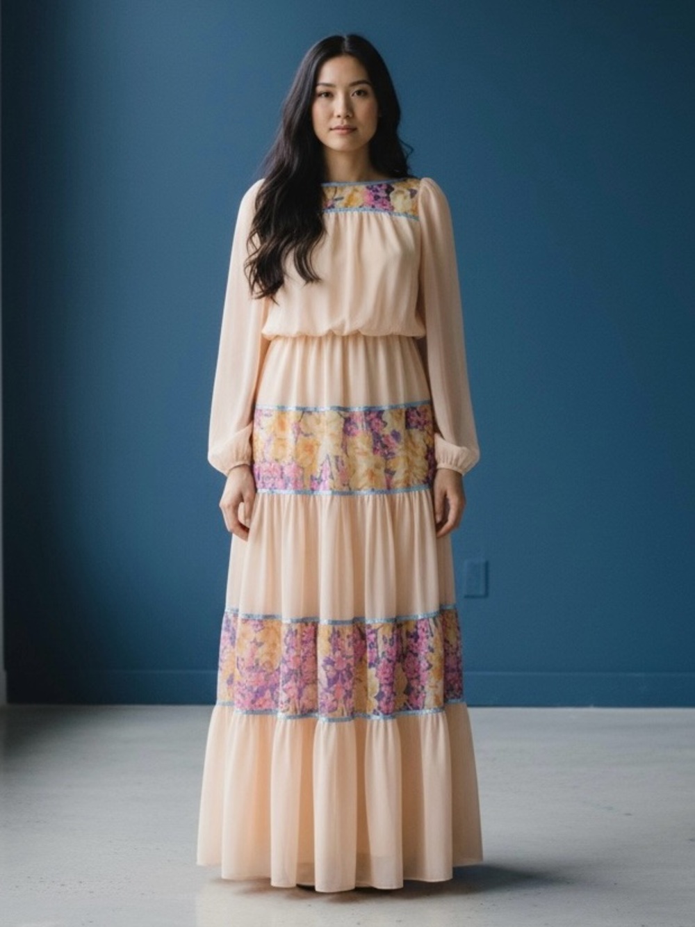 70s Romantic Peach Chiffon Floral Boho Maxi Prairie Dress | XS